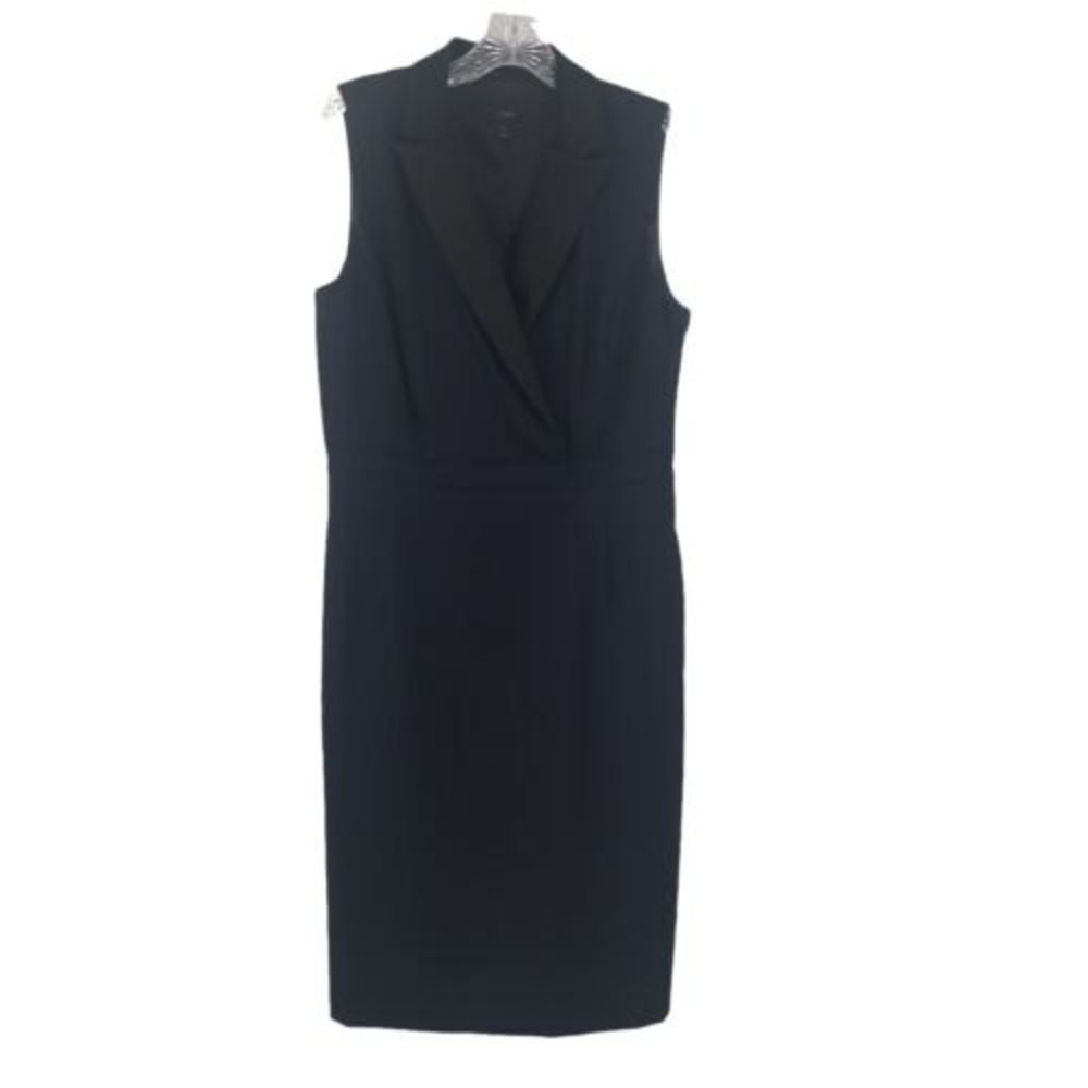 J Crew Tuxedo Collar Sheath Formal Dress Black Blue Wool V-neck Sleeveless Sz 8